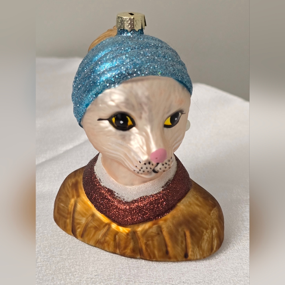Girl with a Pearl Earring White Cat Glass Christmas Ornament